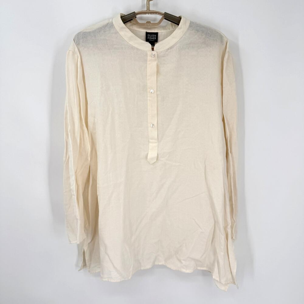 Eileen Fisher Silk Cotton Band Collar Popover Shirt Tunic Top Soft White 2X NWT